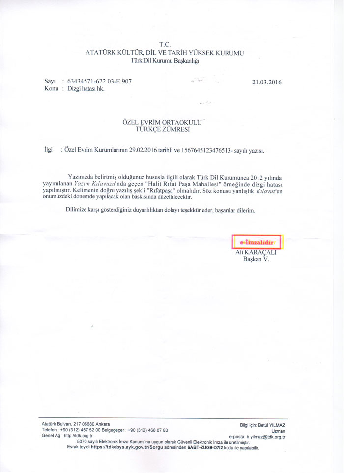 TDK tarafından okulumuza gönderilen resmi yazı